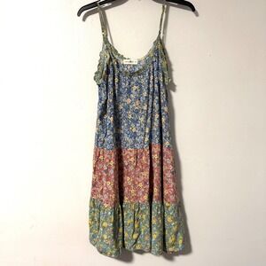 Natural Life Womens Floral Patchwork Tiered Mini Dress Blue Red Green Size M